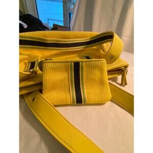 The Sak Lemon Yellow Purse / Handbag w/ Navy & Lime Accent Stripes 7 x 14 in.
